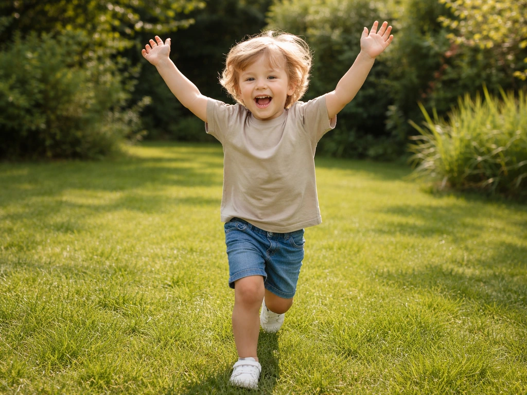 Enfant anonyme courant joyeusement dans l’herbe, bras en l’air, lumière naturelle, scène minimaliste.