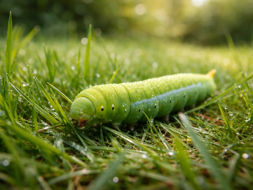 Chenille verte sur l’herbe fraîche dans un jardin, lumière naturelle douce, sans personne visible.