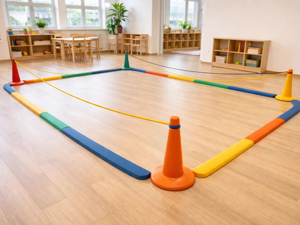 Espace de salle délimité pour la course avec cordelettes colorées et plots, sans personnes, lumière naturelle.