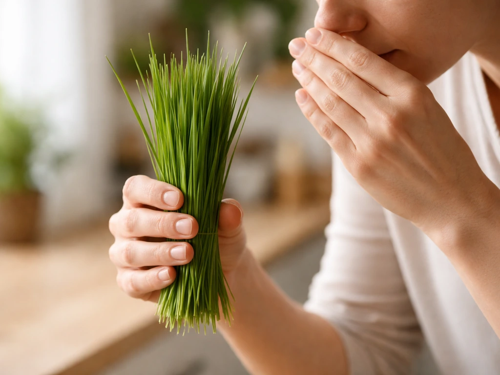 Mains approchant le nez de brins de blé en herbe vert vif, lumière naturelle, fond flou.