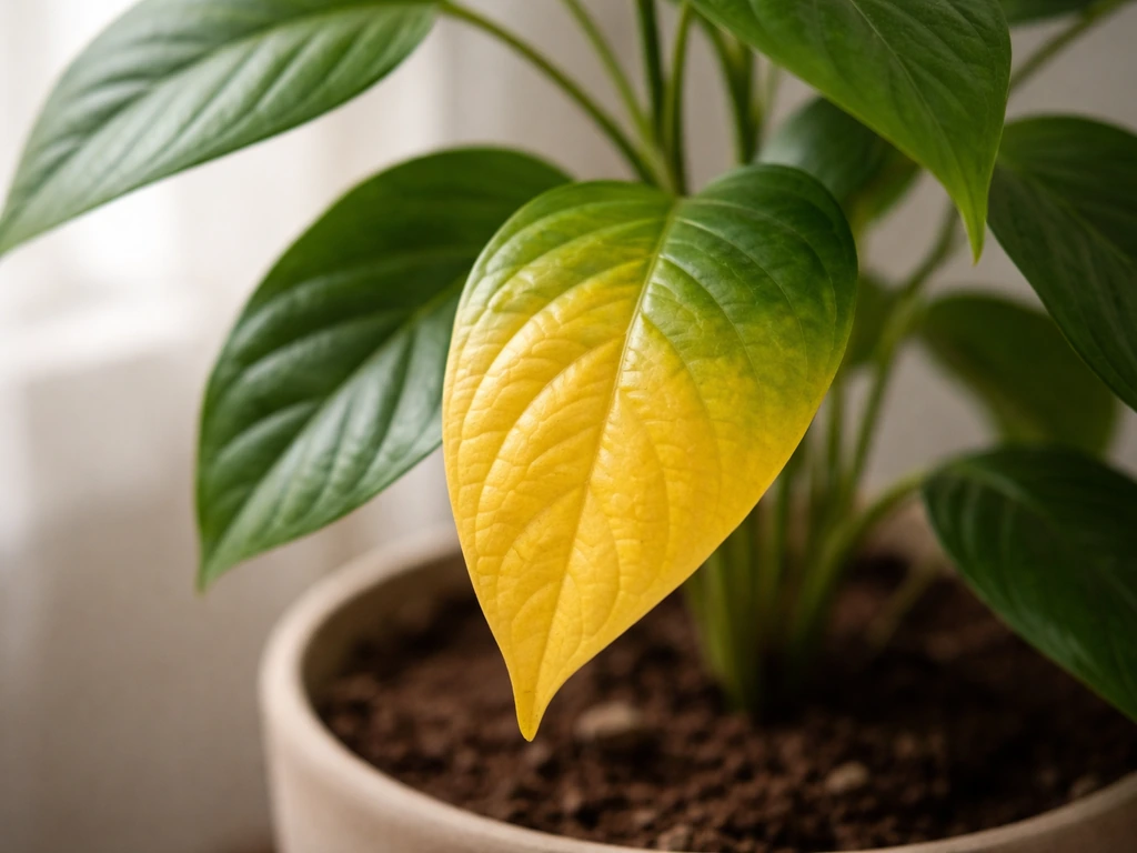 Feuilles de plante d’intérieur : certaines vertes saines et d’autres nettement jaunies, texture réaliste.