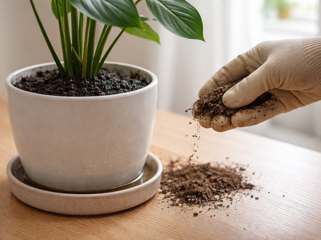 Pot de plante avec terre trop humide et soucoupe pleine de condensation, suggérant un excès d’humidité.