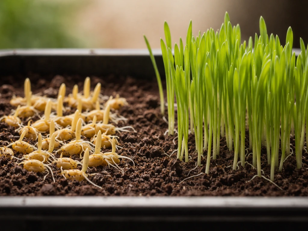 Gros plan sur des graines de blé en germination jaune pâle et de jeunes tiges vert tendre juste levées.