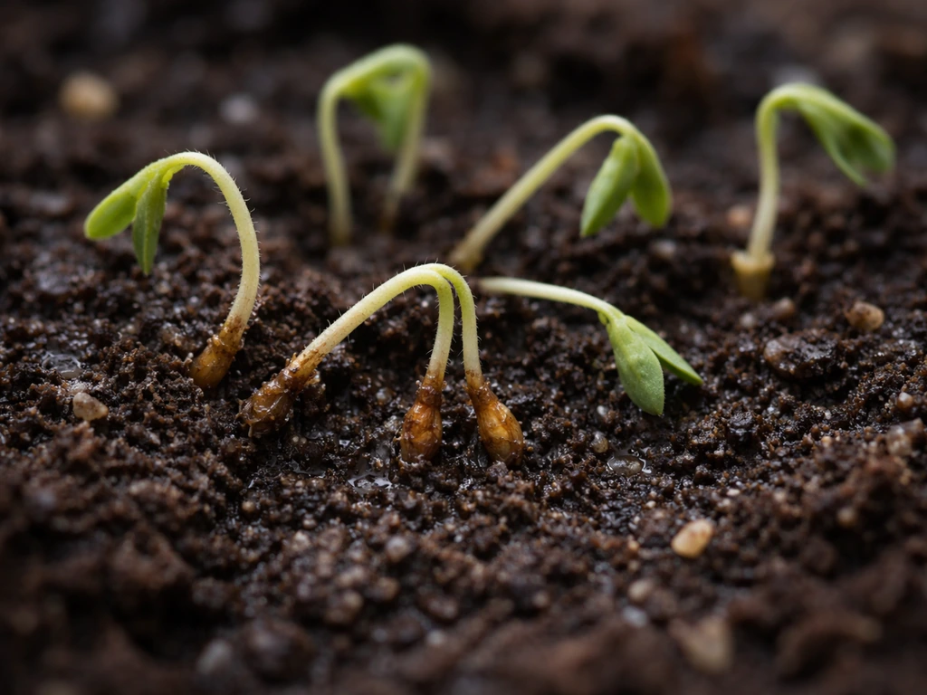 Gros plan de plantules affaissées à la base dans un terreau sombre et humide, évoquant la fonte des semis.