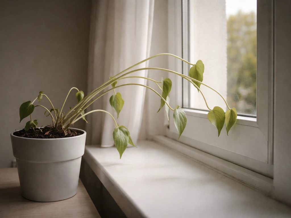 Une plante d’intérieur aux tiges pâles et étiolées penche vers une fenêtre sombre, montrant un manque de lumière.