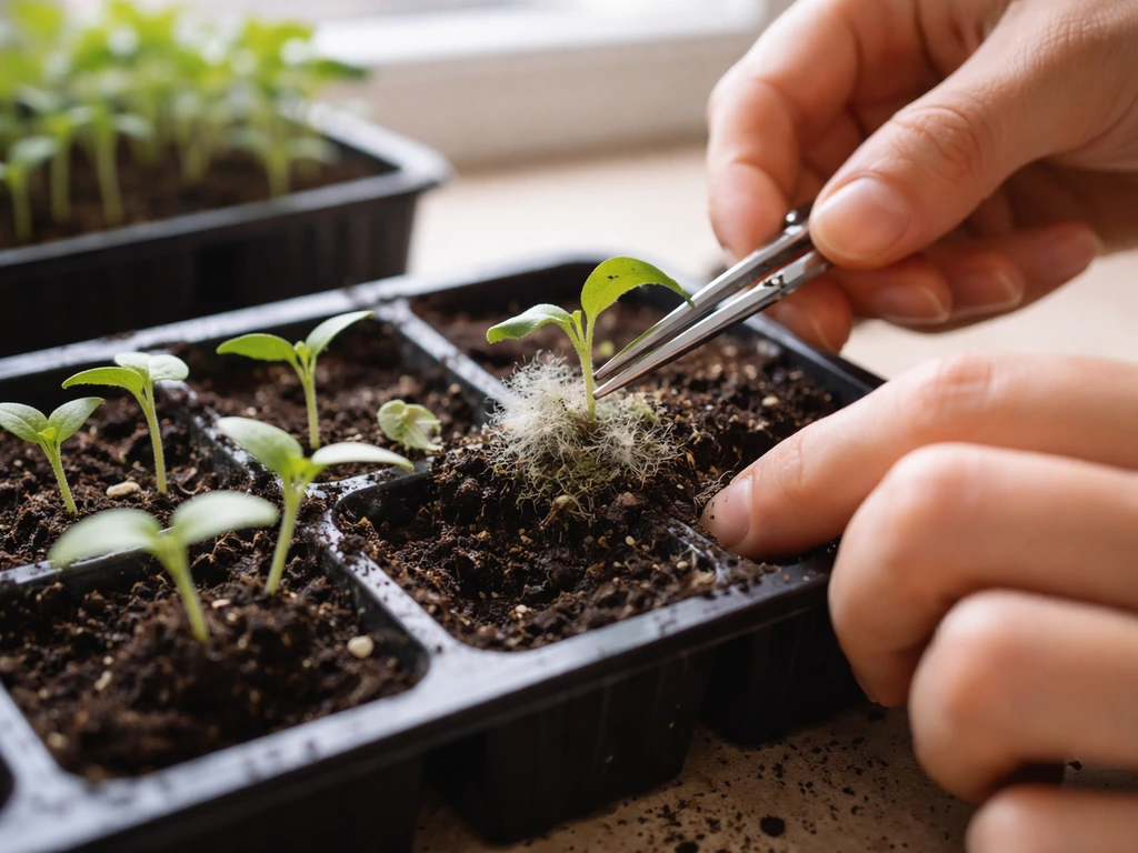 Mains tenant des ciseaux fins retirant des touffes moisies sur des plantules en bac de culture