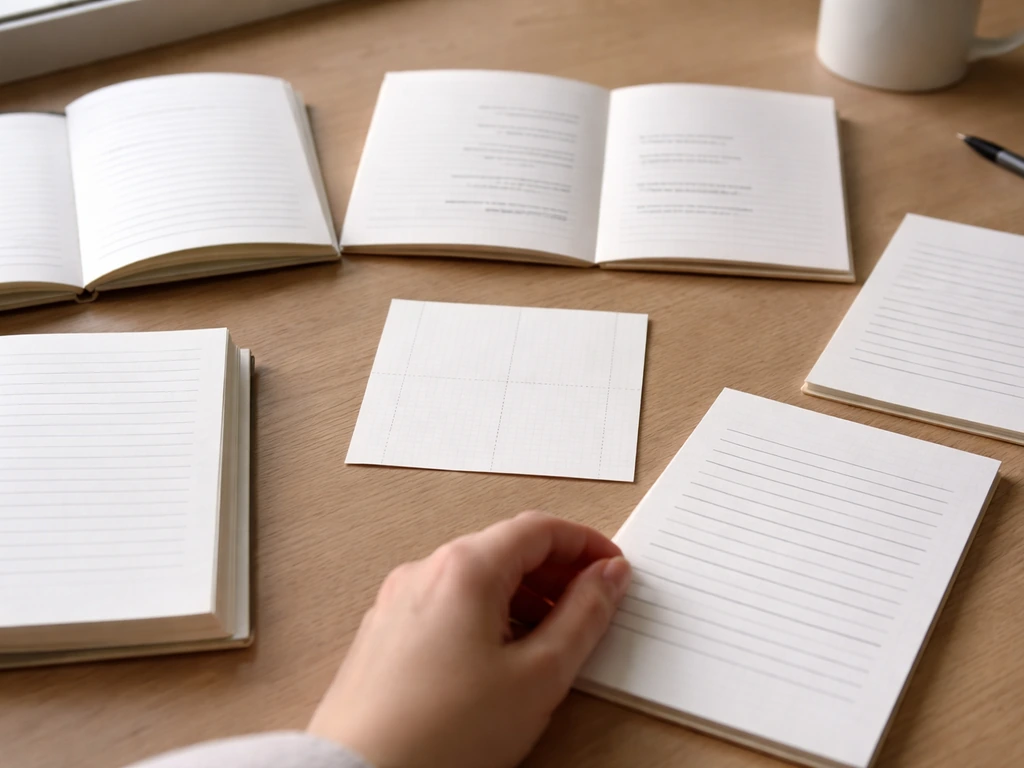 Plusieurs carnets ouverts montrant différents gabarits d’écriture, ambiance calme de bureau, lumière naturelle.