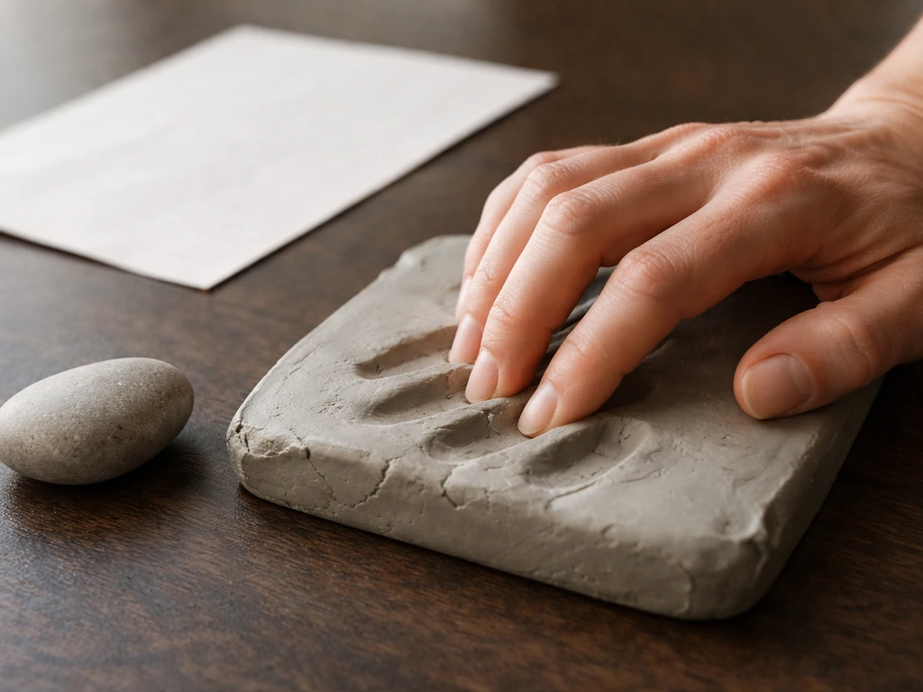 Main qui enfonce les ongles dans de l’argile, avec une pierre à côté et une feuille brouillon vierge.