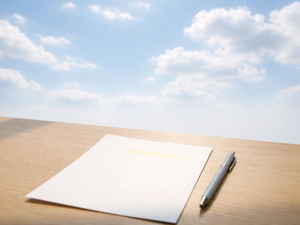 Feuille sur une table avec un ciel clair très visible et des nuages en arrière-plan, ambiance d’écriture rêveuse.