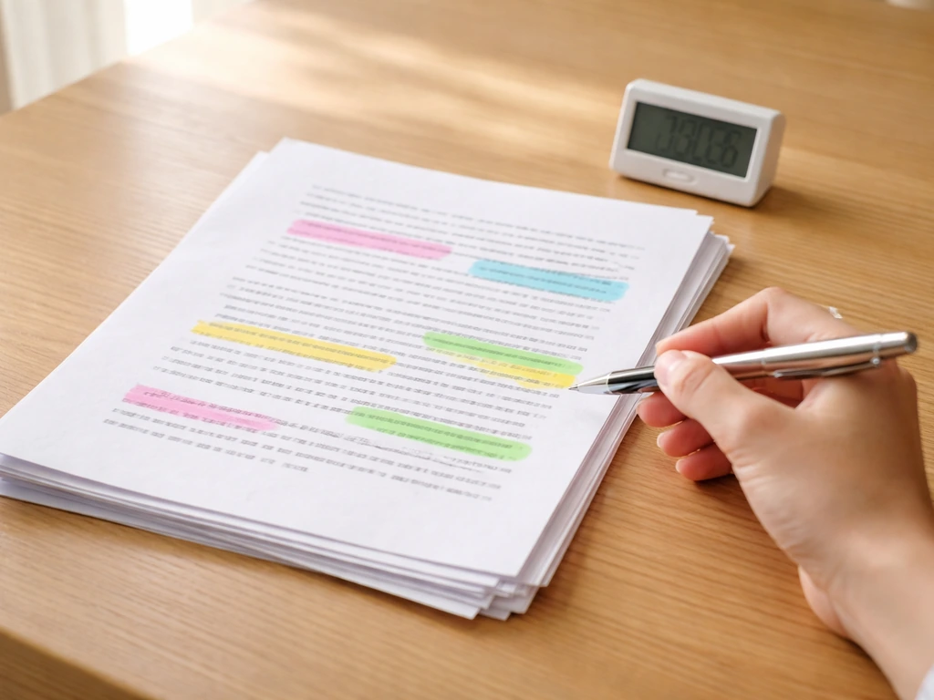 Des feuilles de texte imprimées pendant une relecture : surlignage en quatre passes et minuteur posé à côté.